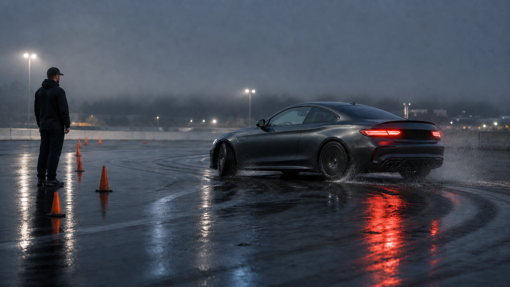 Driver practicing controlled car rotation on a wet training course while an instructor observes